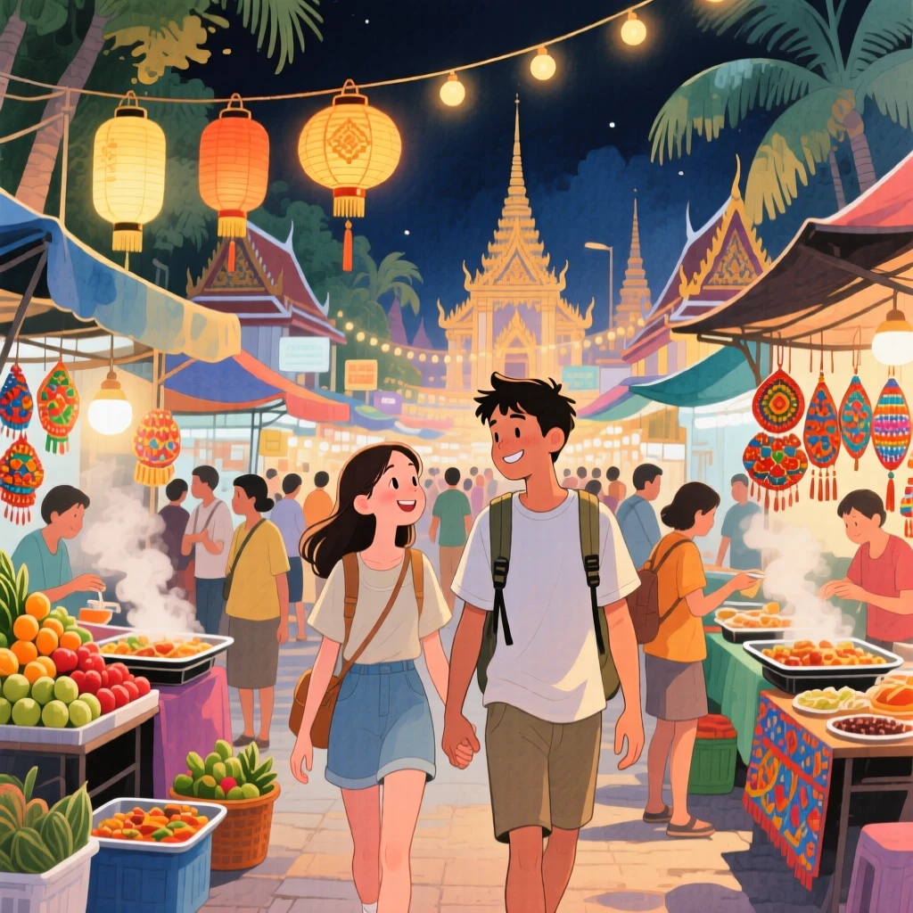 A young couple wanders hand in hand amid a bustling night market in Bangkok strung with lanterns, filled with the romance of travel.