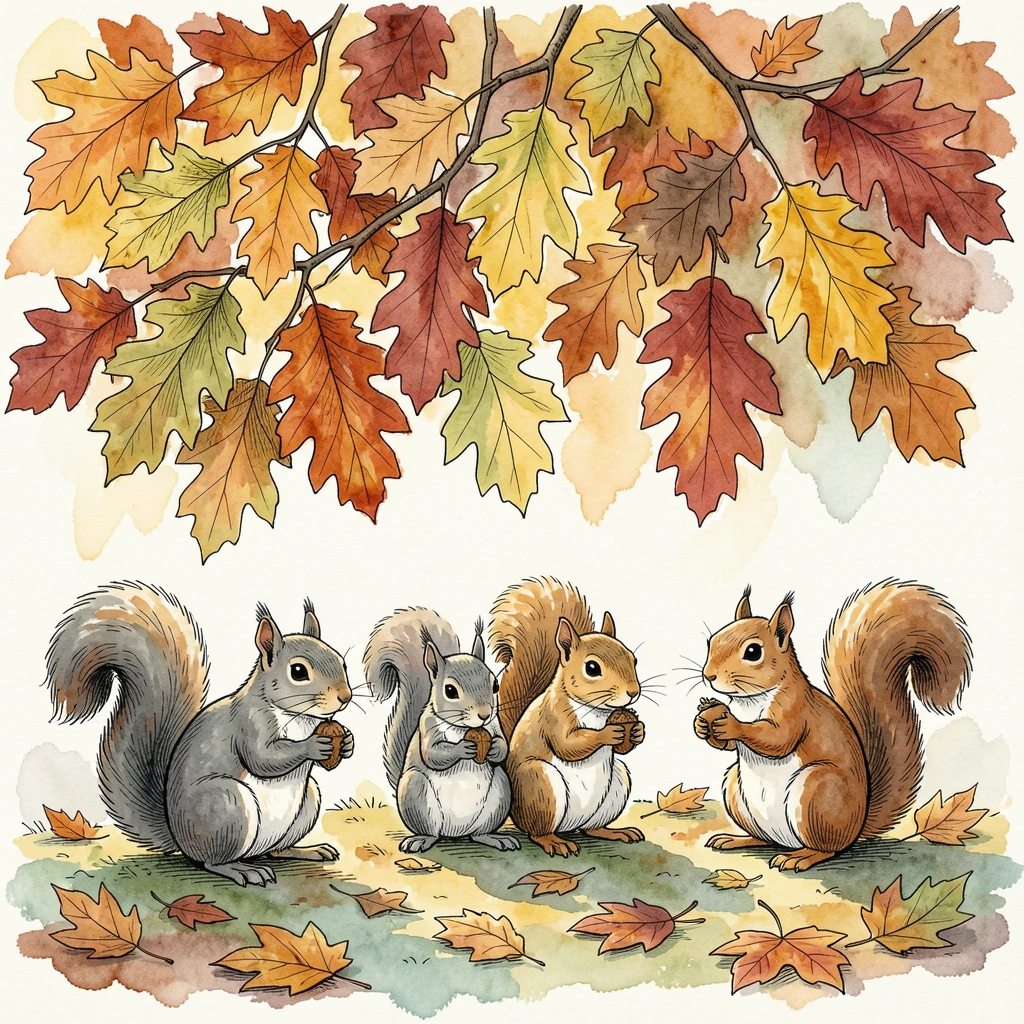 A group of squirrels gathering acorns beneath a canopy of autumn leaves, soft shadows stretching long across the ground.