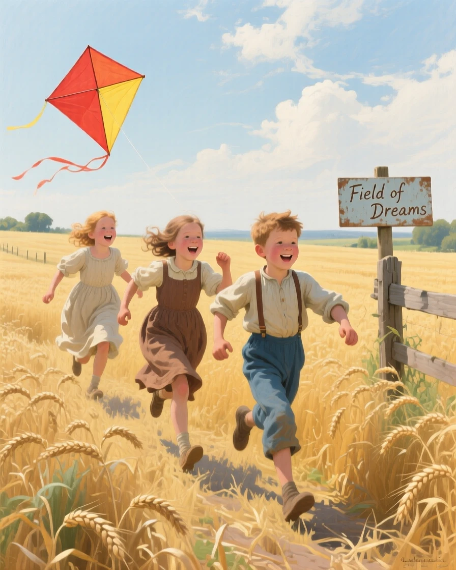 Children running through a golden field chasing a kite, with warm, inviting colors throughout the scene, capturing an everyday moment that feels timeless and precious