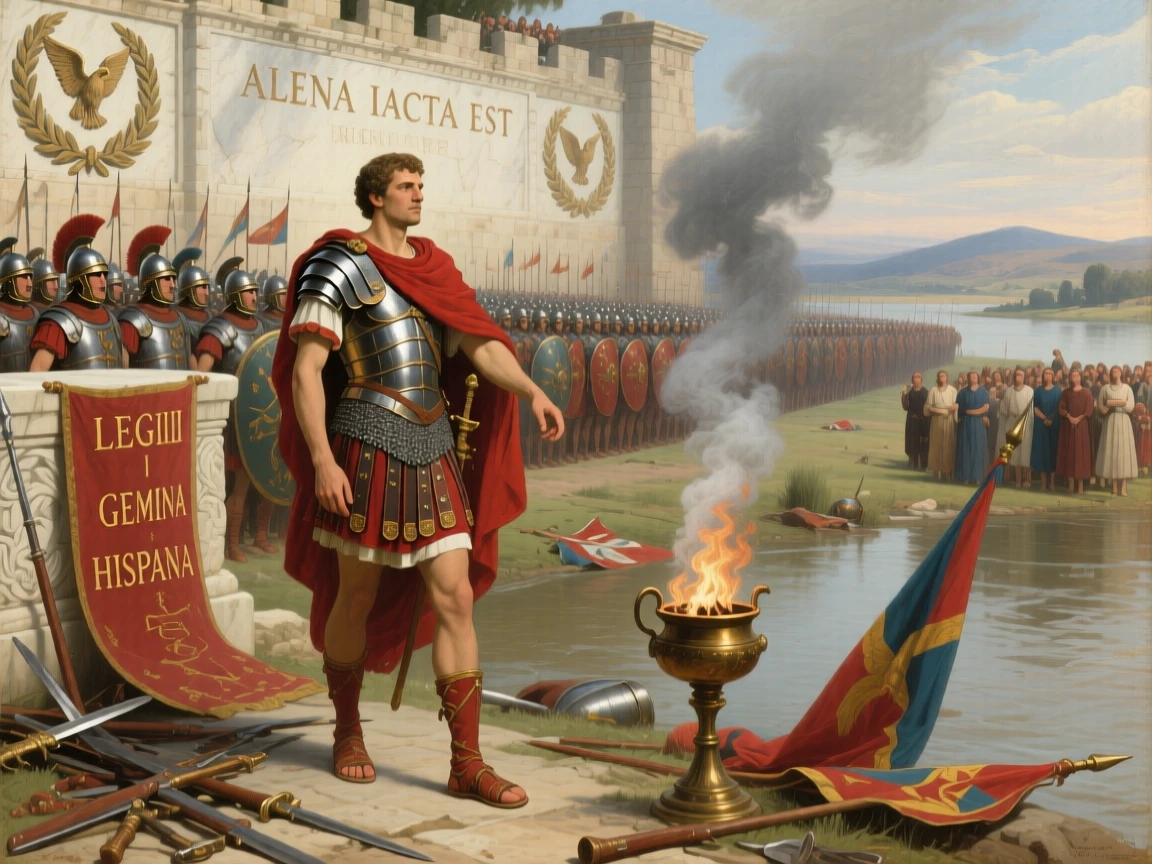 Julius Caesar crossing the Rubicon with his legions behind him just as the crowd falls silent in awe, set on a windswept battlefield strewn with fallen standards, as smoke from ceremonial braziers curls upward past carved friezes; sweeping drapery and gesture guide the eye across the whole scene, radiating triumph tempered by solemn sacrifice.