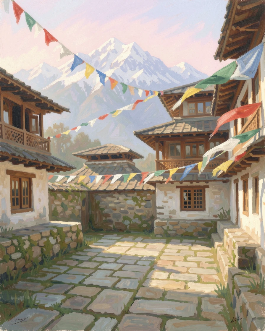 A quiet monastery courtyard in Bhutan, prayer flags fluttering against snow-capped Himalayan peaks.