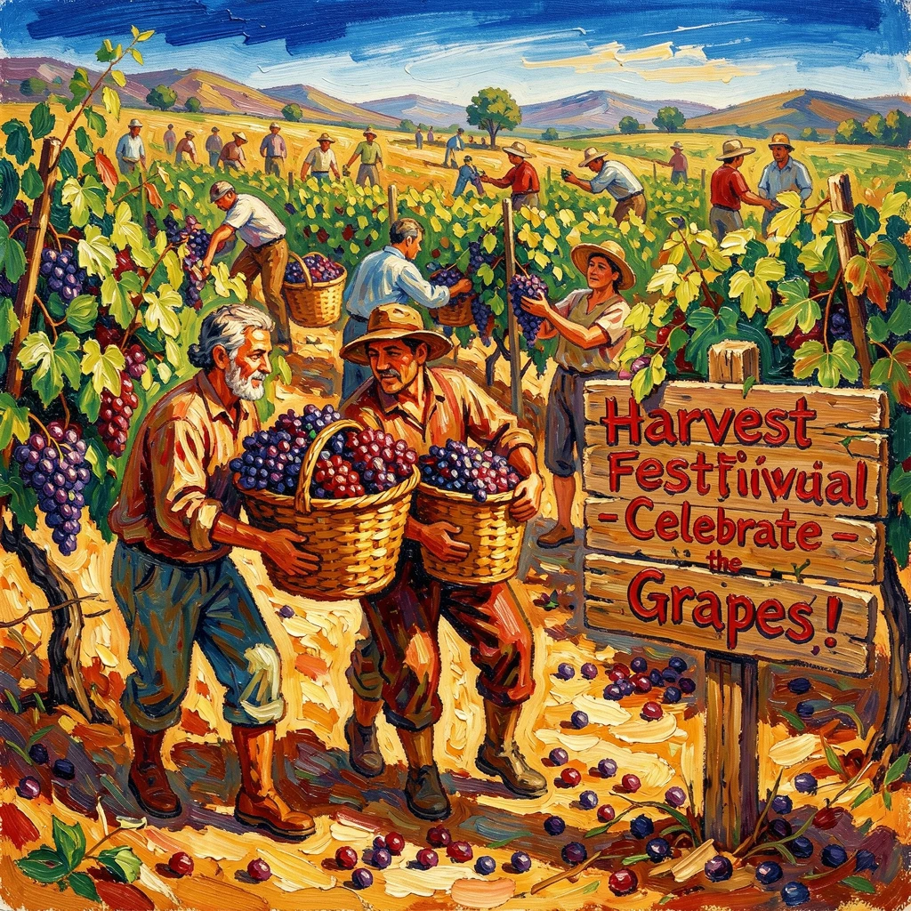 A busy vineyard during harvest, workers carrying baskets brimming with ripe grapes.