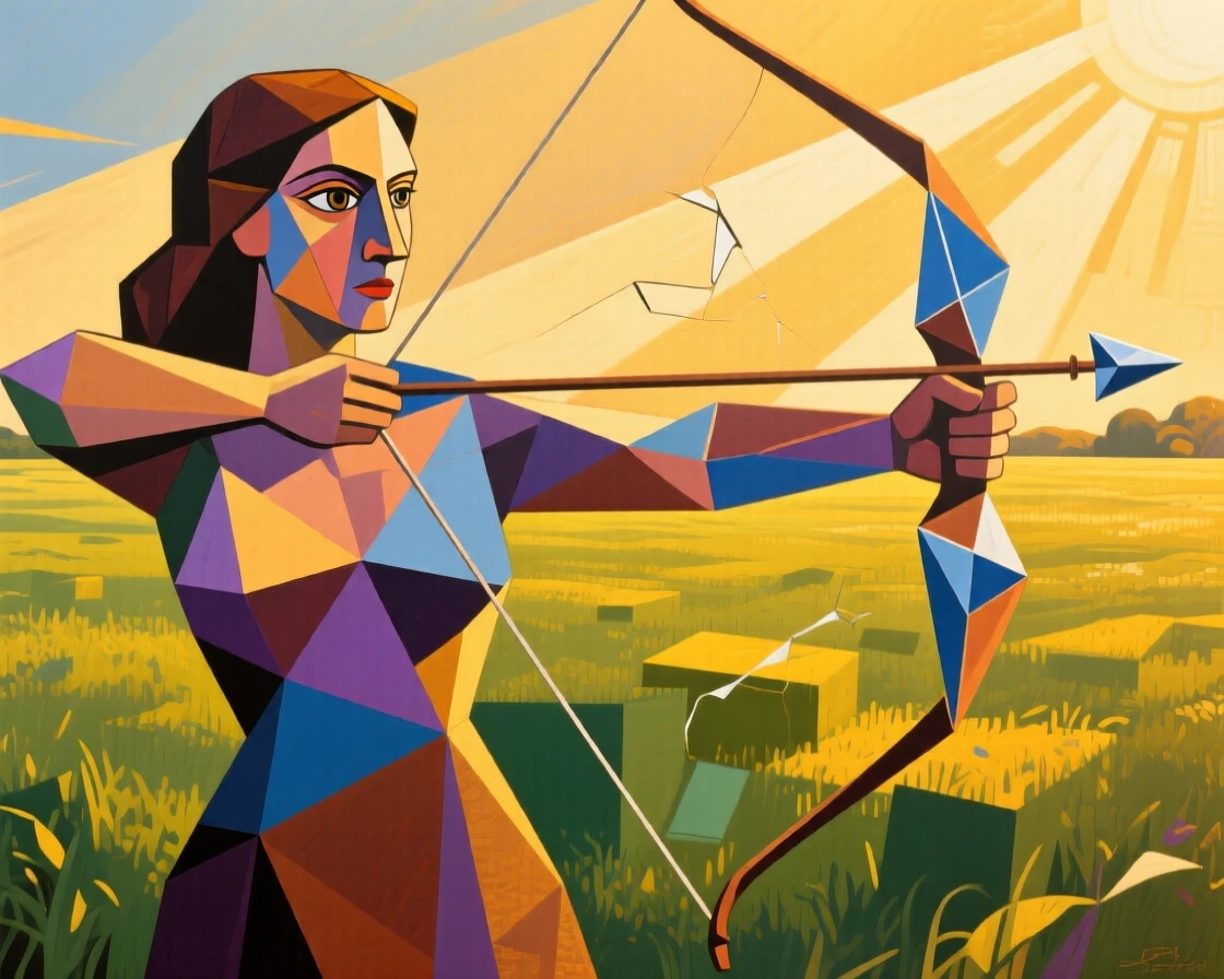 A woman practicing archery in a sunlit meadow at golden hour.