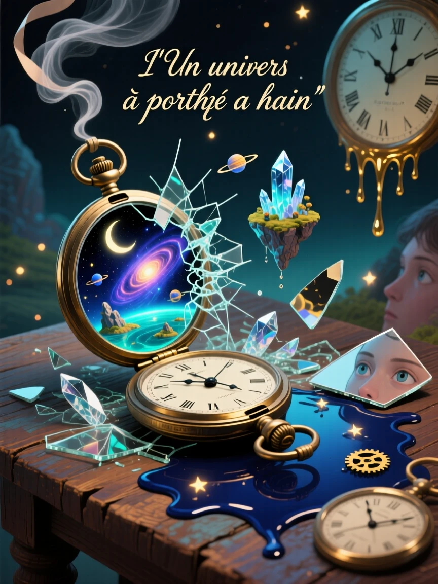 A tiny universe swirling inside an antique pocket watch glows faintly from within, unnoticed by the world outside, as tiny lights flicker like distant, faraway stars.