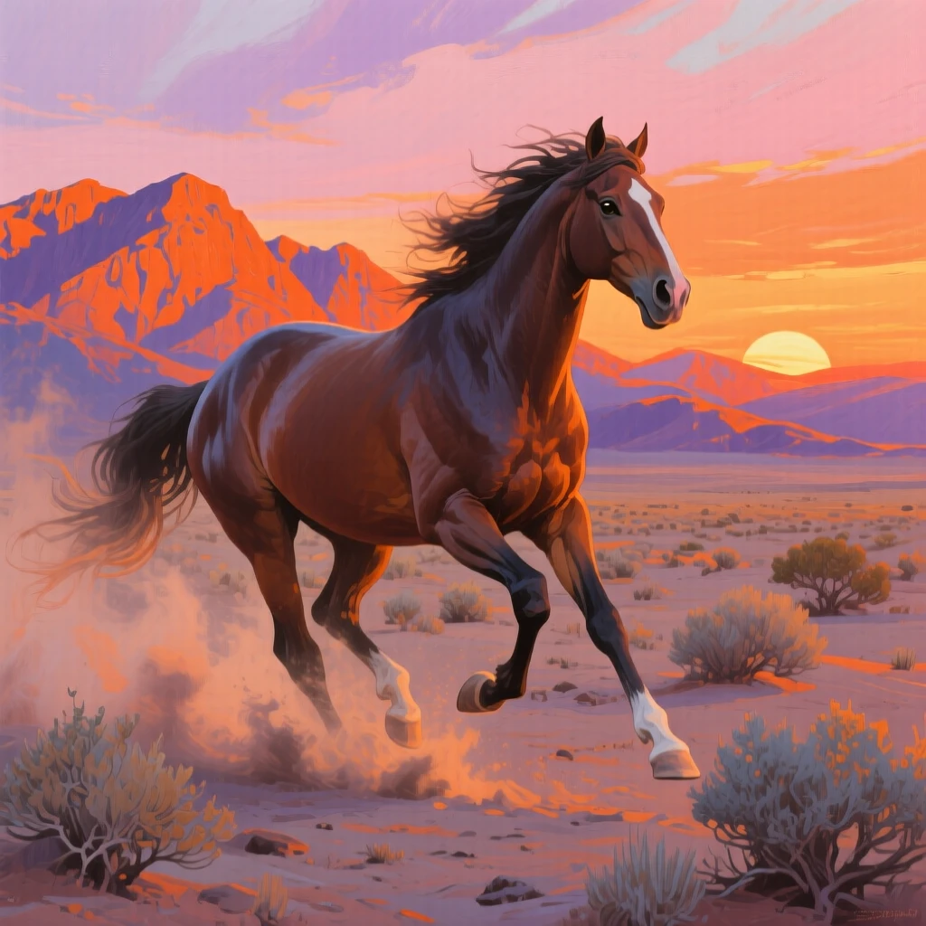 A wild mustang gallops freely across an open Nevada desert at sunset, dust rising behind its powerful stride as mountains glow orange in the distance, its expression conveying a quiet intelligence as it surveys the world around it.