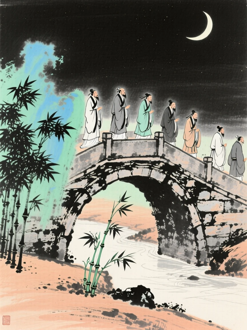 A procession of scholars crossing an ancient stone bridge in ceremonial robes, as new bamboo shoots break through the soil, beneath a crescent moon.