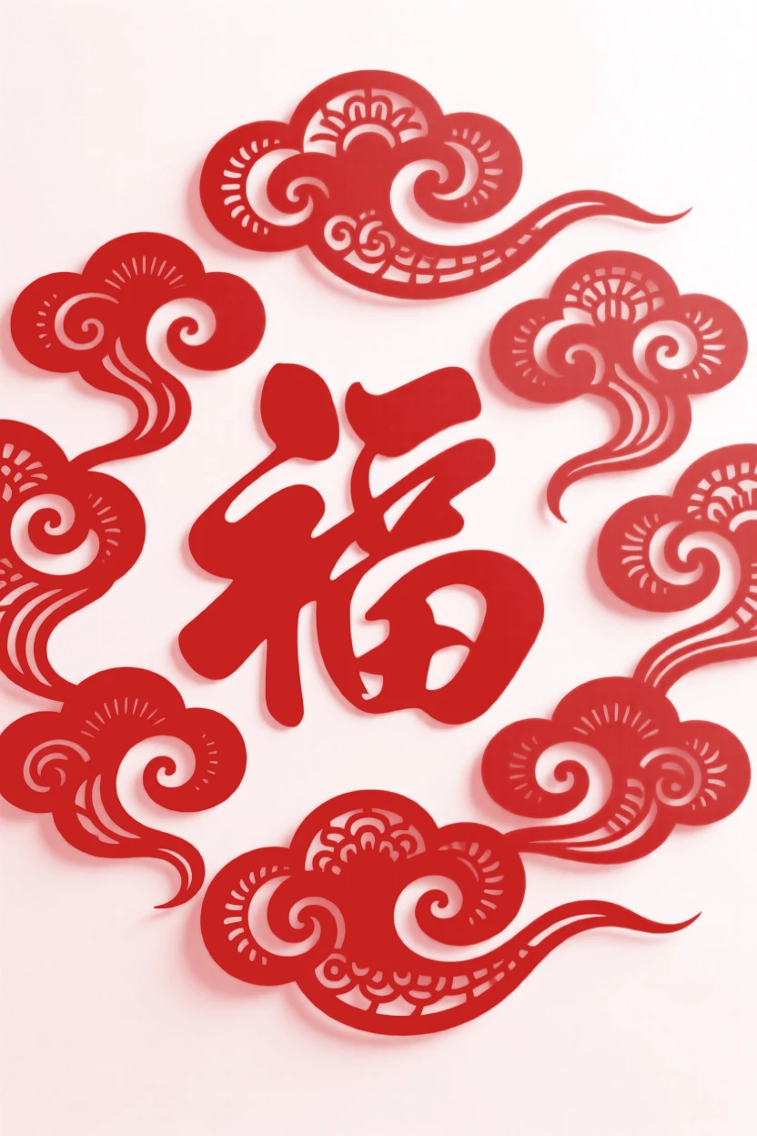 A cluster of ruyi clouds swirling around the character for happiness, rendered in intricate symmetrical detail