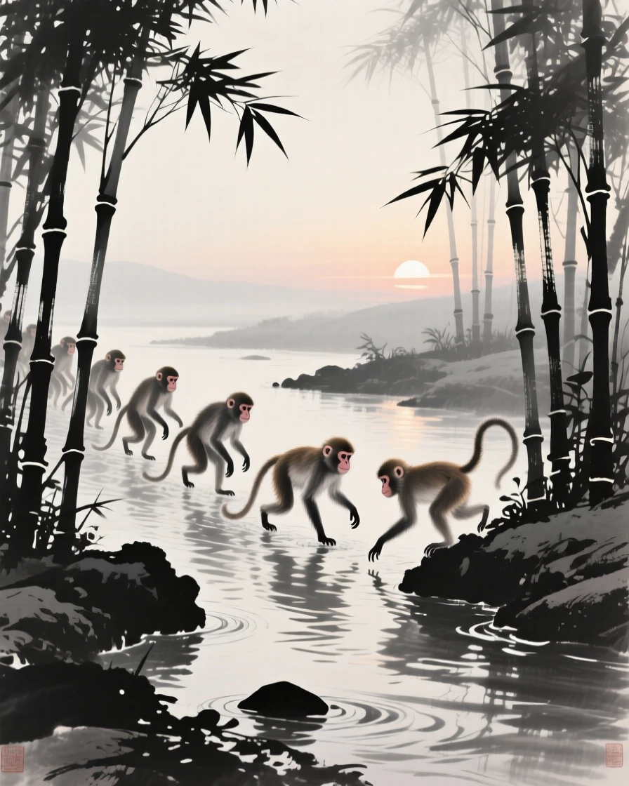 A troop of monkeys crossing a shallow stream at first light through a bamboo thicket, framed low to the ground for an intimate, close perspective, evoking the gentle rhythm of the natural world.