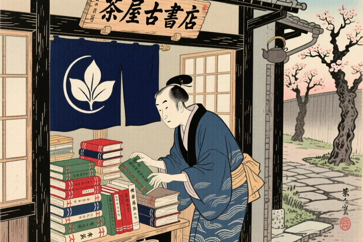 A tea shop owner arranging stacks of old books in a narrow doorway.