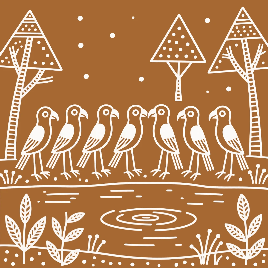 A flock of parrots standing at the edge of a lake.