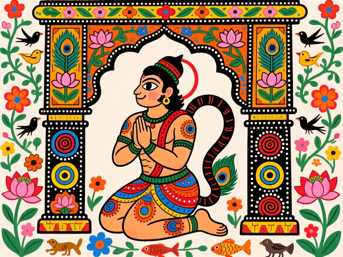 Hanuman kneeling in devotion, hands folded beneath a temple archway.