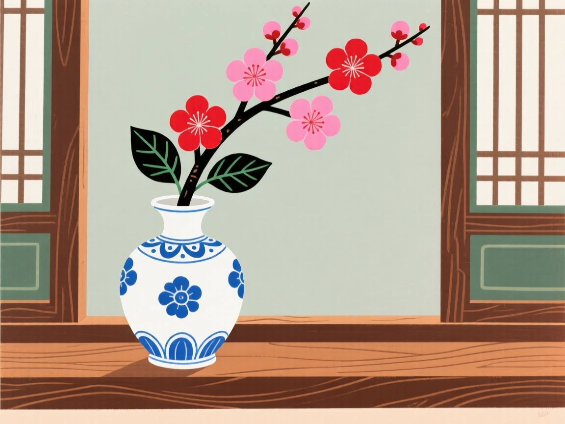 A porcelain vase holding a single branch of plum blossoms on a windowsill.