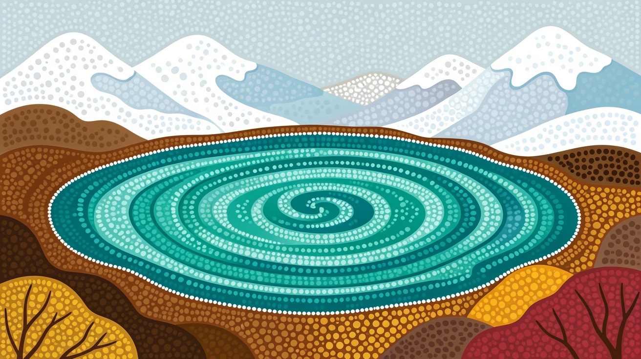 A turquoise glacial lake after a fresh snowfall