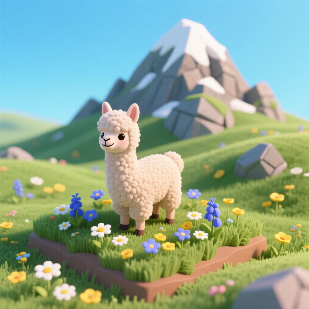 A fluffy baby llama exploring a mountain meadow, wildflowers blooming around its hooves under a bright blue sky.