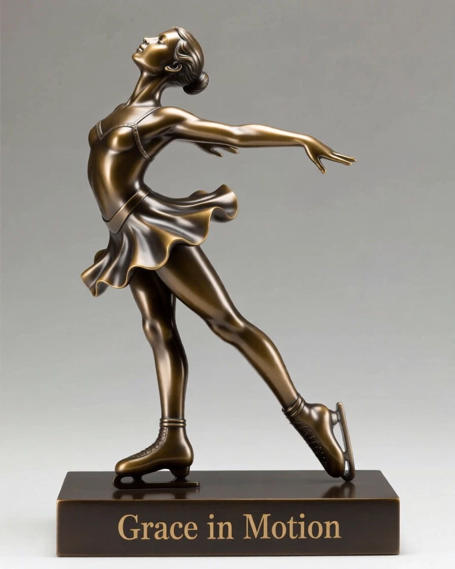 A graceful ice skater, in a moment of quiet triumph, forming a strong central focal point