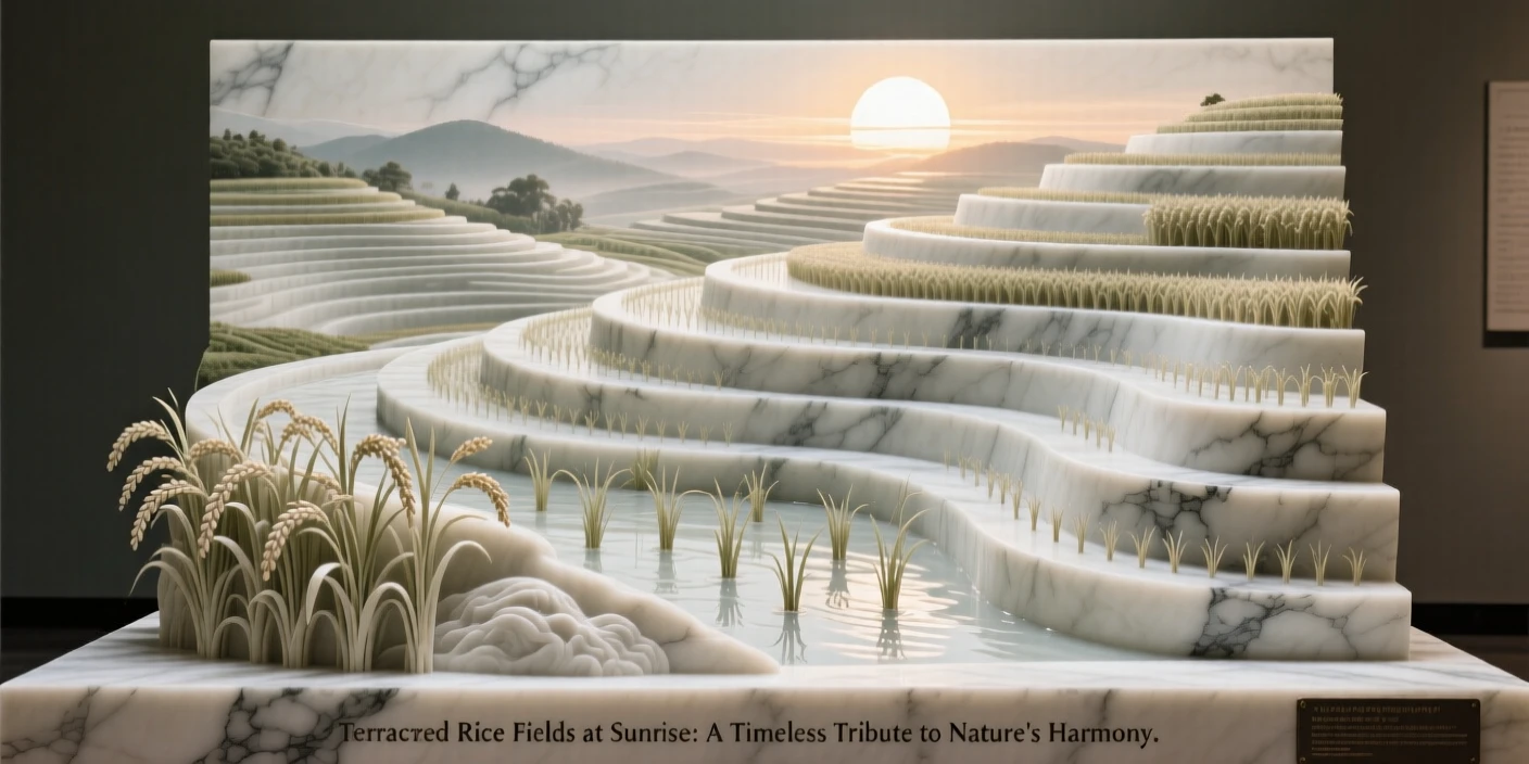 A sweeping, cinematic composition of terraced rice fields at sunrise, capturing the raw beauty of the natural world