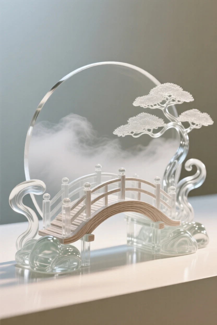 A tranquil Japanese garden with a curved wooden bridge at the quiet hush of early morning, gentle mist rising, composition inviting stillness and reflection.