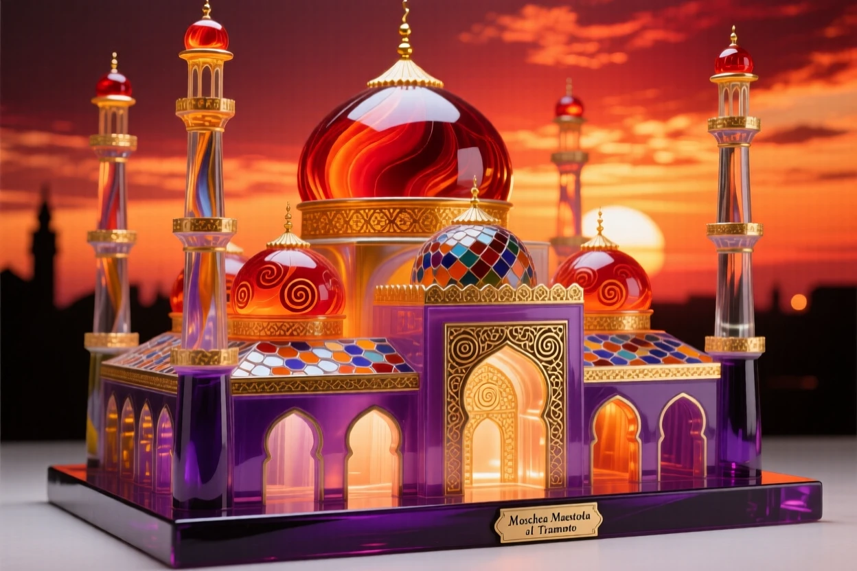 A majestic mosque with intricate domes silhouetted against a fiery sunset, serene and grand.