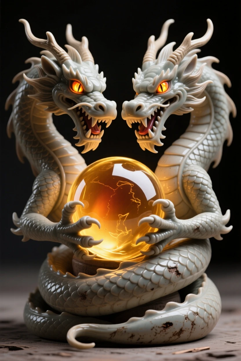 A two-headed dragon guarding a treasure hoard coiled protectively around a glowing orb, its eyes glowing with an inner fire, capturing the enchantment of forgotten legend.
