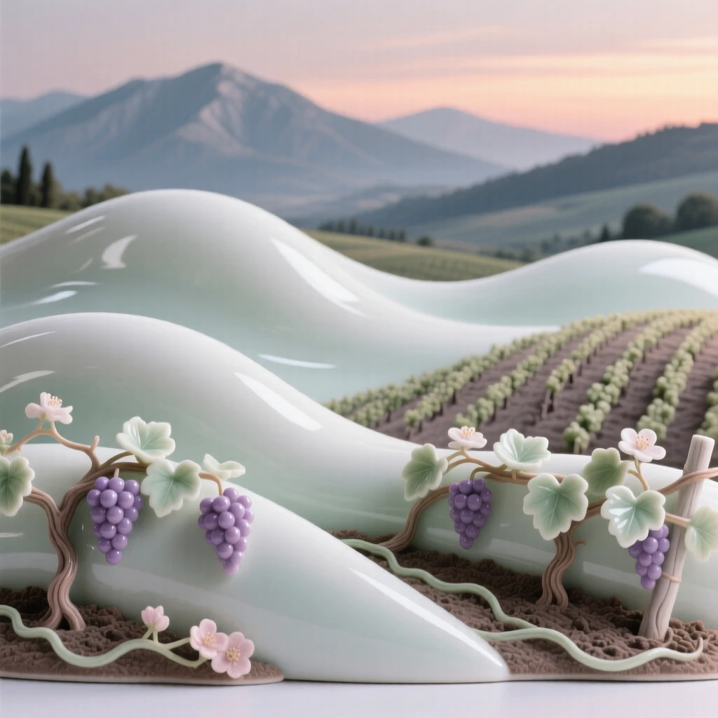 A tranquil rolling vineyard hills at dusk, framed by distant mountains.