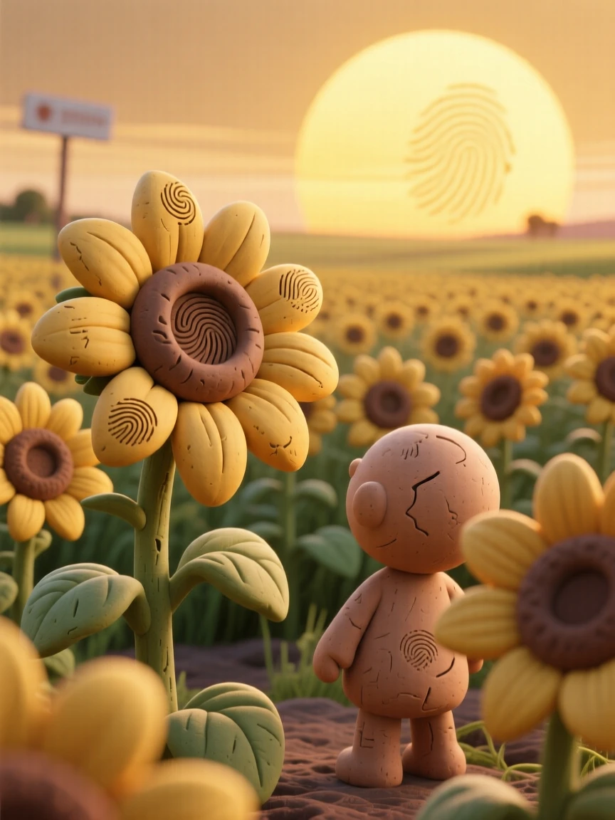 A field of sunflowers all turned toward a golden setting sun