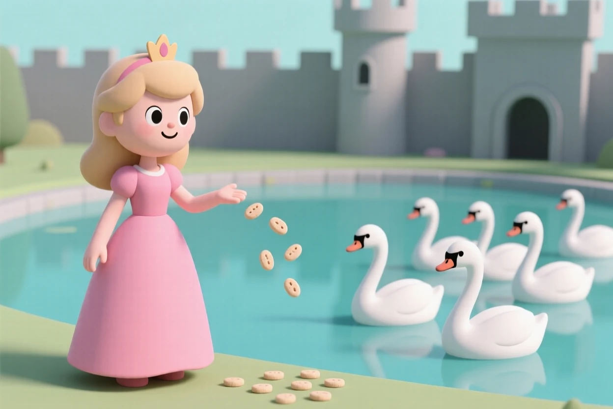 A cheerful princess in a flowing pink gown feeds breadcrumbs to a flock of swans on a castle pond.