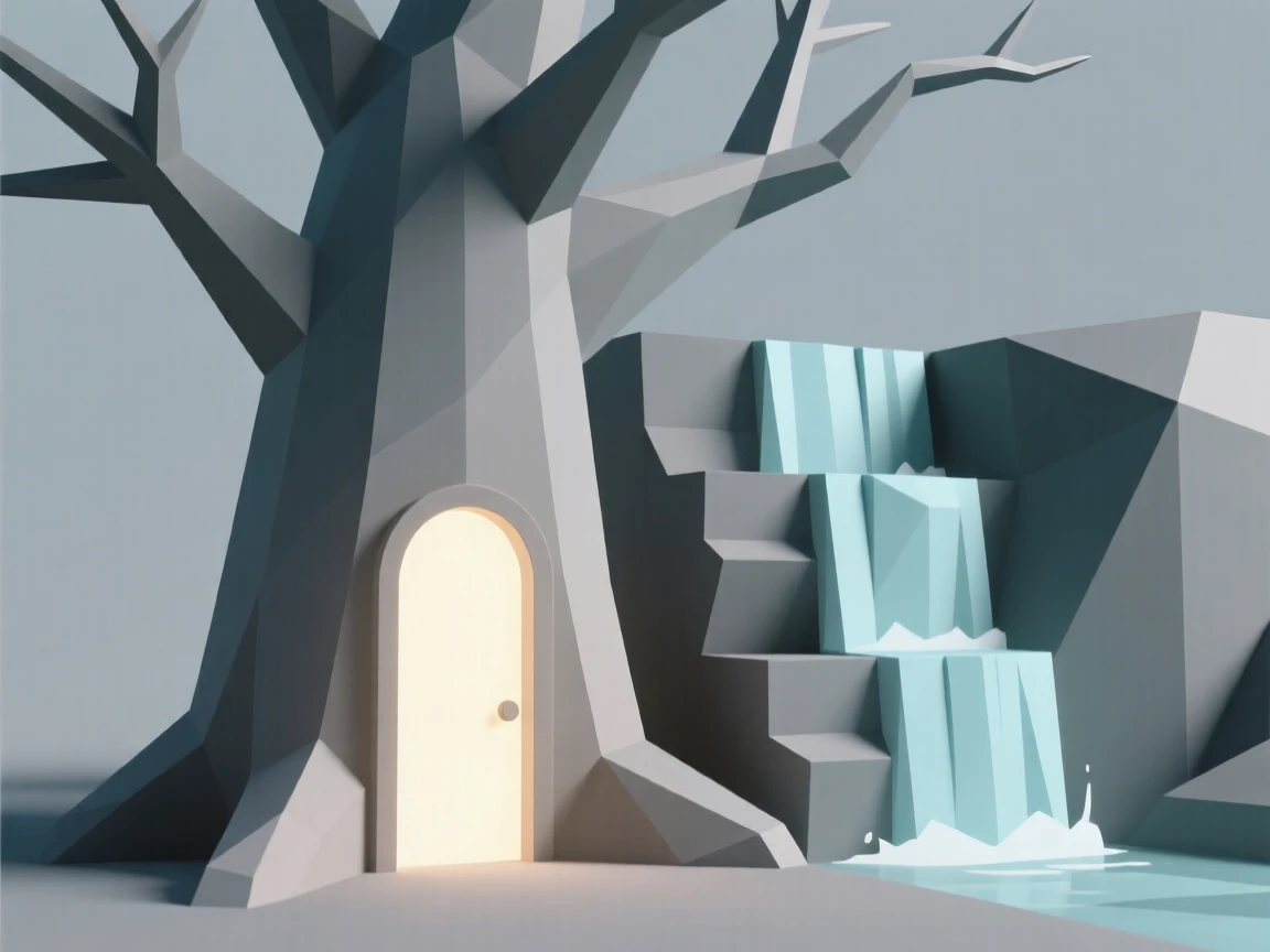 A giant tree with a glowing door carved into its trunk, beside a waterfall that glows with soft light. the scale of the scene emphasizes its grandeur. The scene feels magical and full of wonder.