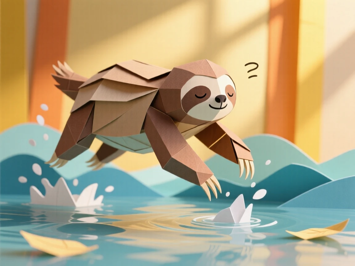 A sleepy sloth leaping through shallow water, with soft golden light catching its fur, capturing playful joy and warmth.