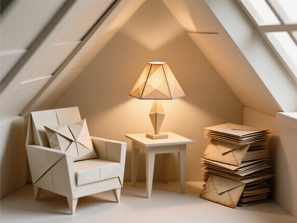 A cozy attic reading corner with slanted ceilings, a stack of old letters, and warm lamp light.
