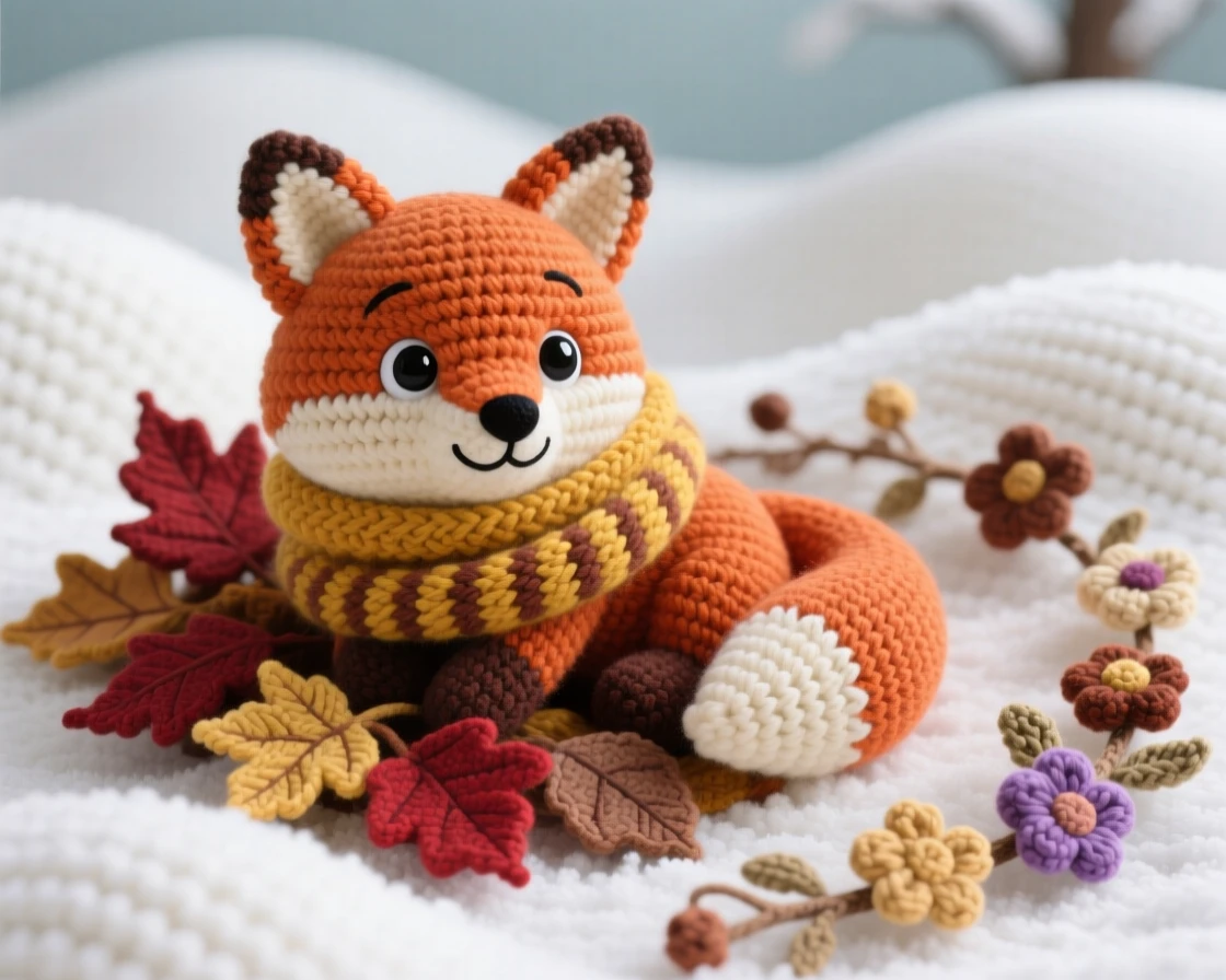 A festive scene of a cheerful autumn fox wrapped in a cozy scarf, curling up in a pile of fallen leaves within a rolling hillside blanketed in fresh snow; a garland of dried flowers nearby, radiating nostalgic, storybook seasonal charm.