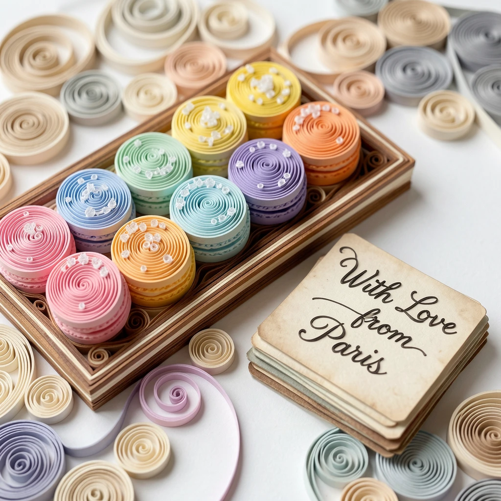 a tray of macarons in a rainbow of pastel colors, on a tray beside a stack of vintage postcards, shown from a cozy eye-level perspective, with a light dusting of powdered sugar.
