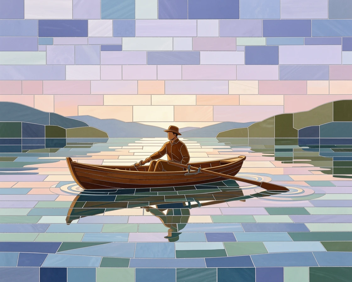A peaceful rowing scene on a glassy lake at first light.