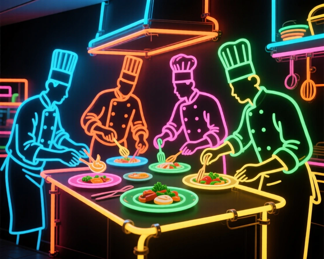 A lively scene of a group of chefs plating dishes together in a busy kitchen.