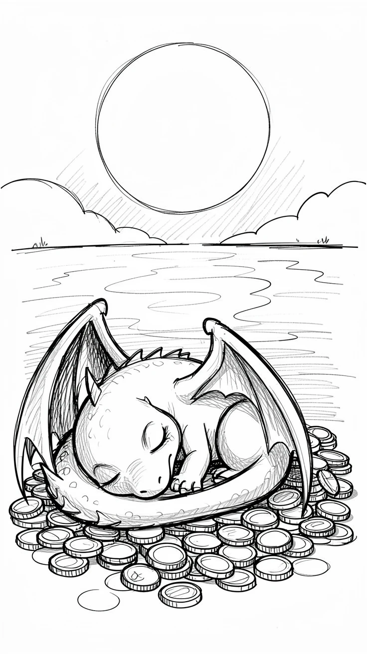 A gentle dragon napping on a pile of gold coins beside a moonlit lake.
