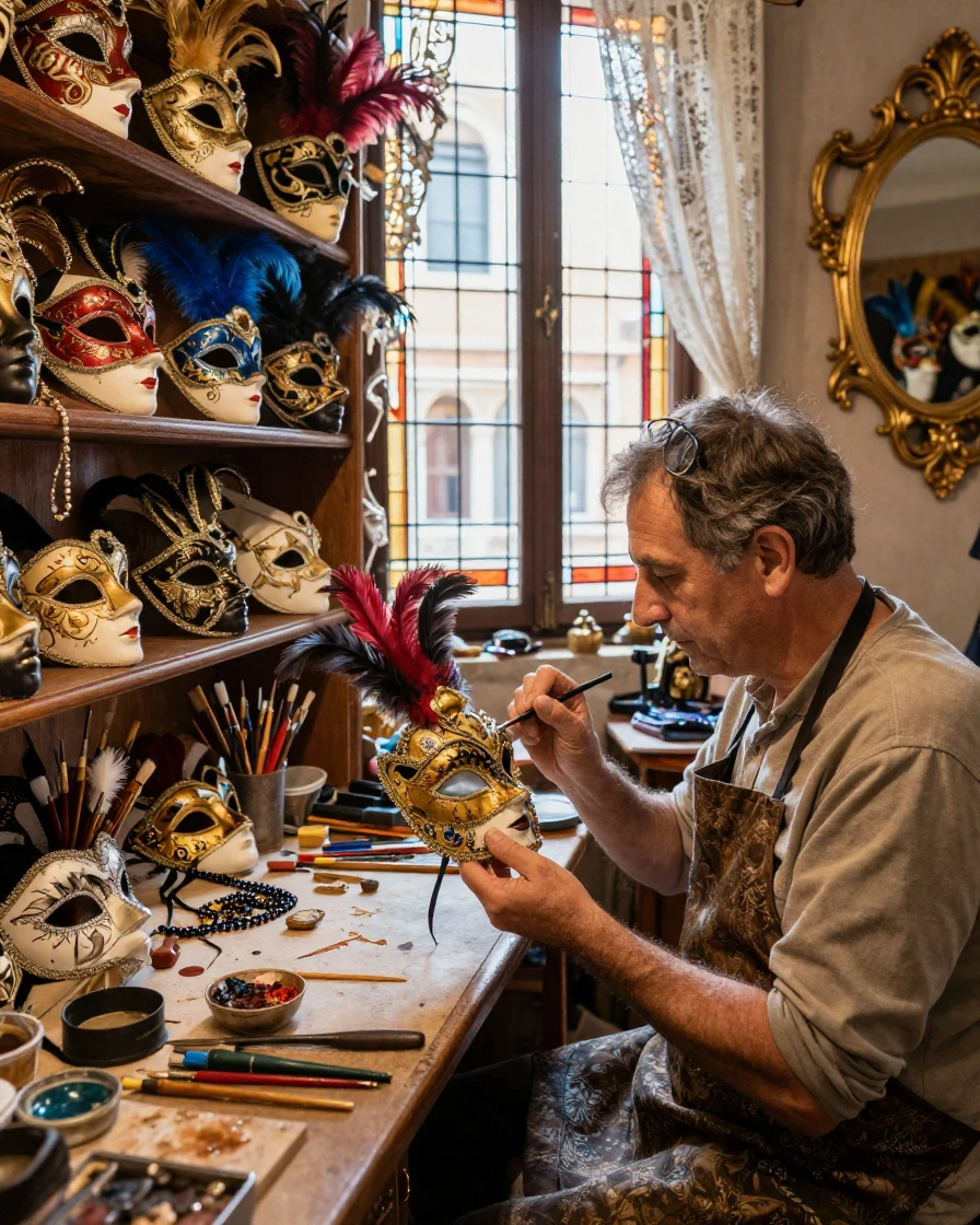 A Venetian carnival mask maker in an ornate workshop