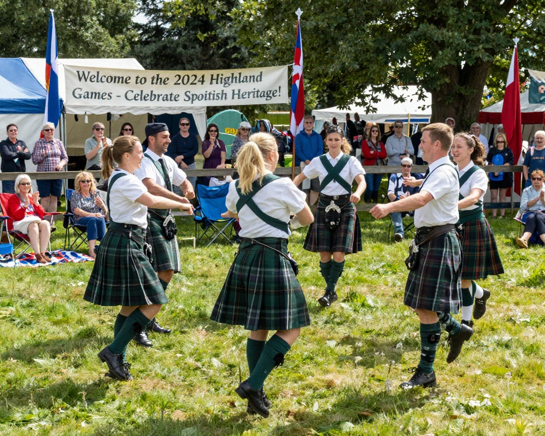 A group in traditional Scottish dress performs a highland dance at a games event.