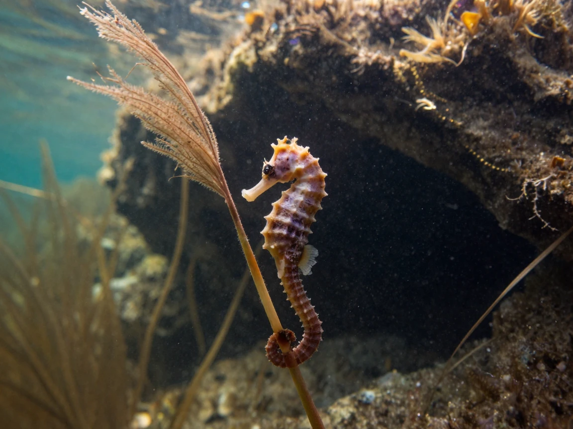 A seahorse anchored to a swaying reed exploring near the entrance to a hidden sea cave