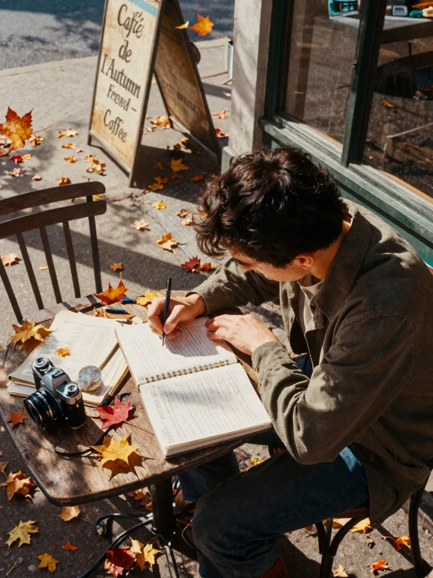 A young writer scribbling in a notebook at a café table, under harsh midday sun, as heat shimmers over the ground, as autumn leaves turn gold and red, in vivid coral and turquoise hues, shot from directly overhead.