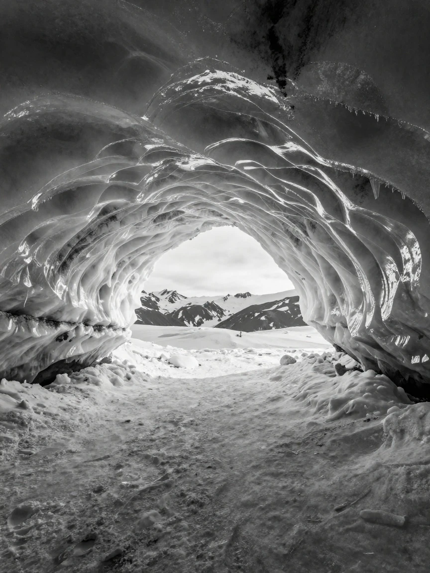 An ice cave glows blue with filtered daylight beneath a frozen mountain field.