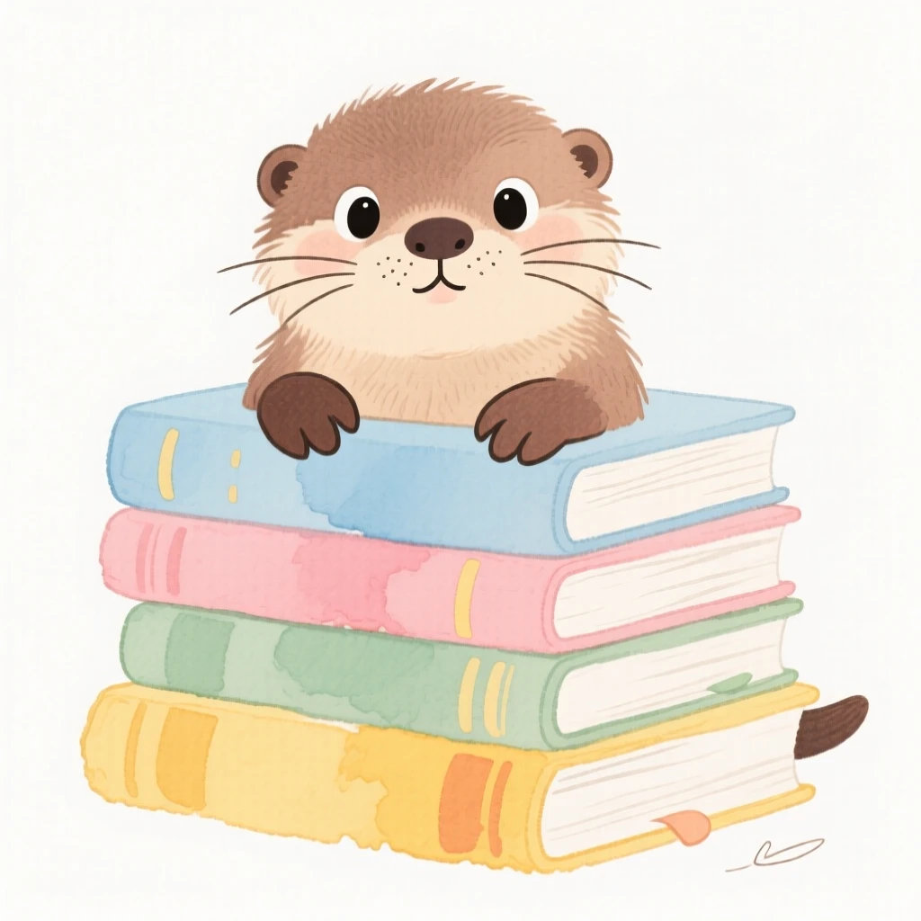A baby otter peeking out from behind a stack of books