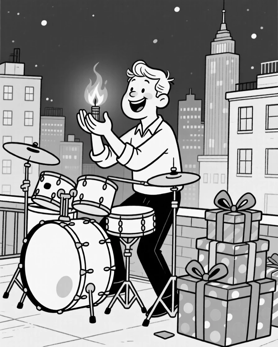 A drummer leading a lively street parade, cupping hands carefully around a flickering flame, set on a rooftop overlooking a city skyline at night. A stack of gifts wrapped in bright paper waits nearby. It captures the warmth of celebration shared across generations.