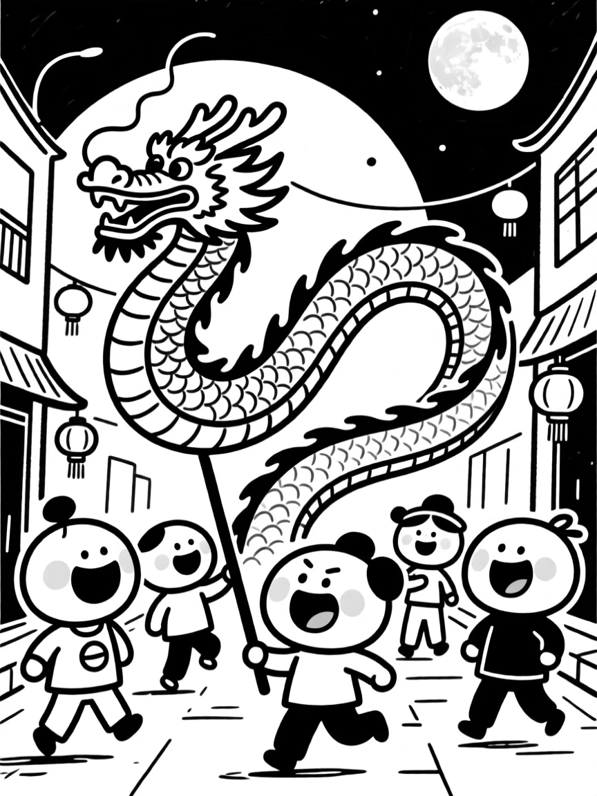 A Lunar New Year celebration with a dragon dance winding through a festive street.