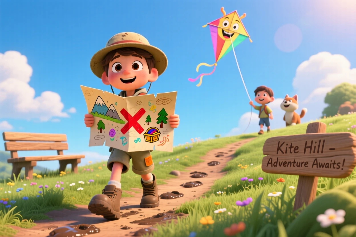 A young explorer following a hand-drawn treasure map takes place on a grassy hill perfect for kite flying, with a trail of muddy footprints leading away. A lighthearted sense of discovery colors the moment.