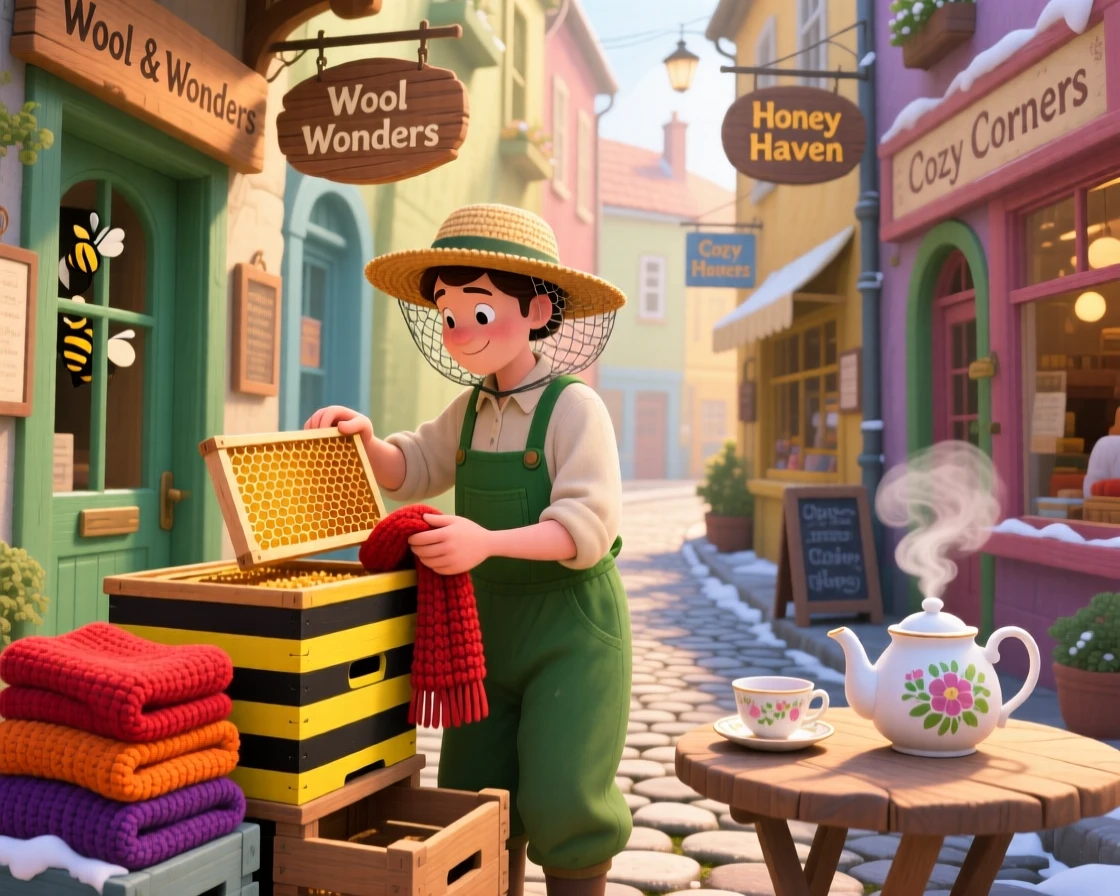 A beekeeper checking a hive pauses while wrapping scarves for winter customers in a narrow alley lined with shops, as steam curls gently from a nearby teapot.