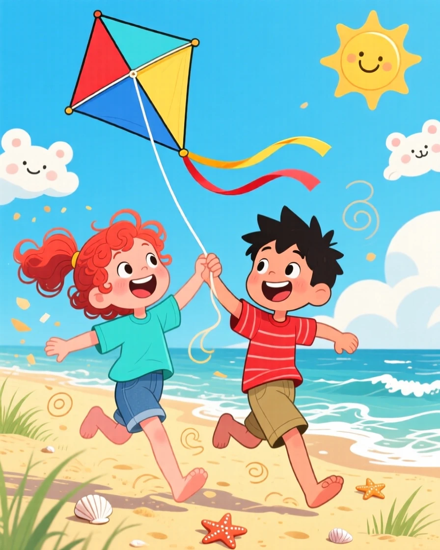 Two friends flying a kite together on a windy beach.