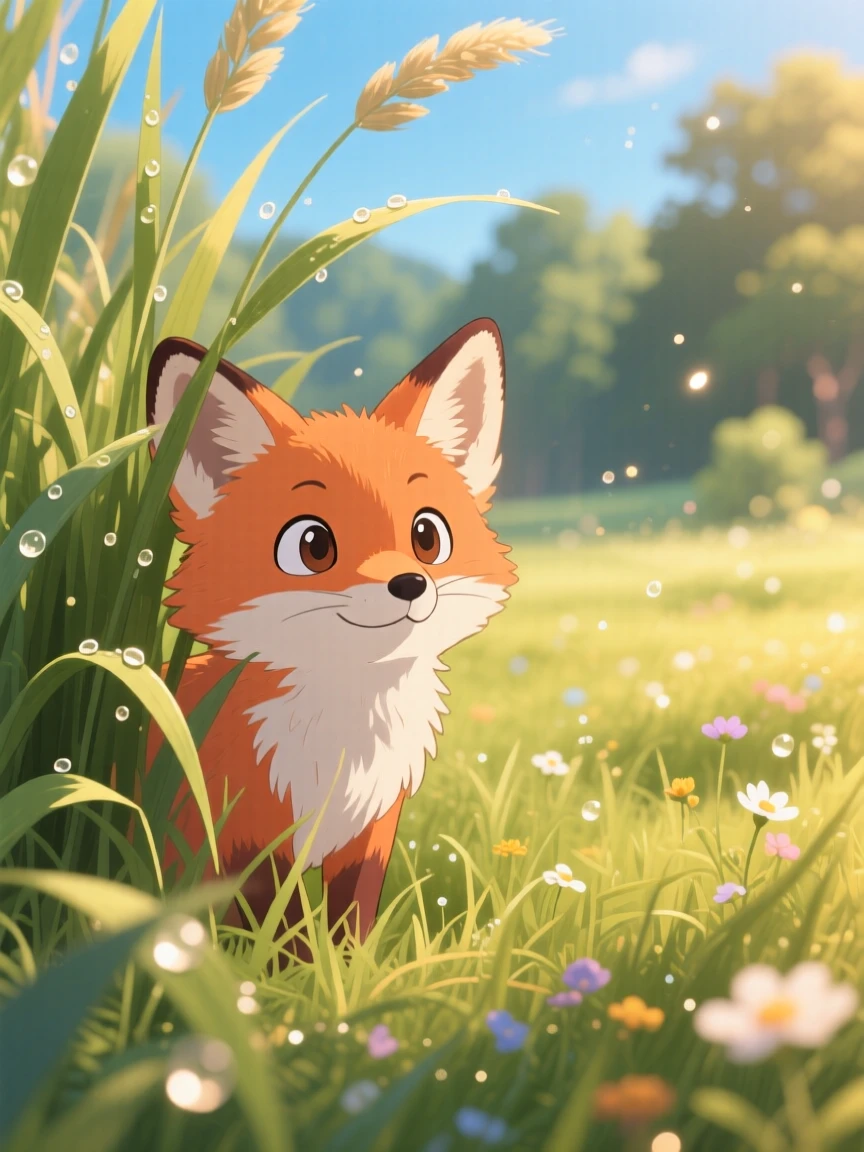 A small fox curiously peeking out from tall grass, with soft afternoon light warming its fur, radiating pure charm.