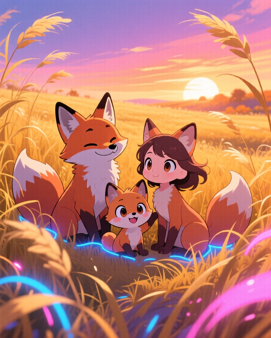 Three-quarter view of a fox family, resting together in tall golden grass, in a windswept prairie at sunset, during golden autumn harvest season, illuminated by neon-lit glow, radiating triumphant pride.