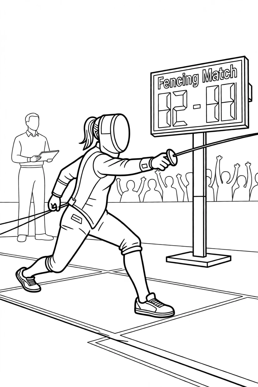 A fencer lunging forward with a rapier, with a scoreboard glowing in the distance.