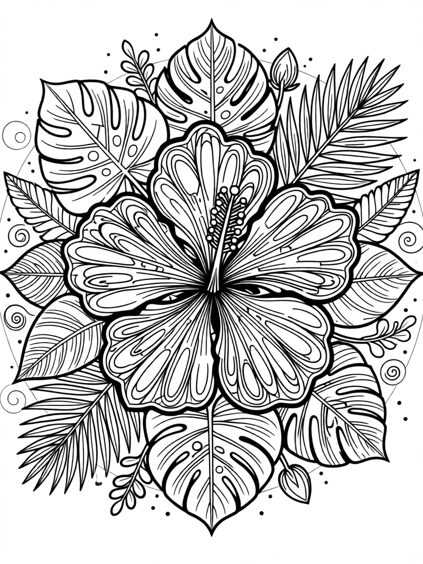 A mandala shaped like a hibiscus flower with tropical leaf borders.
