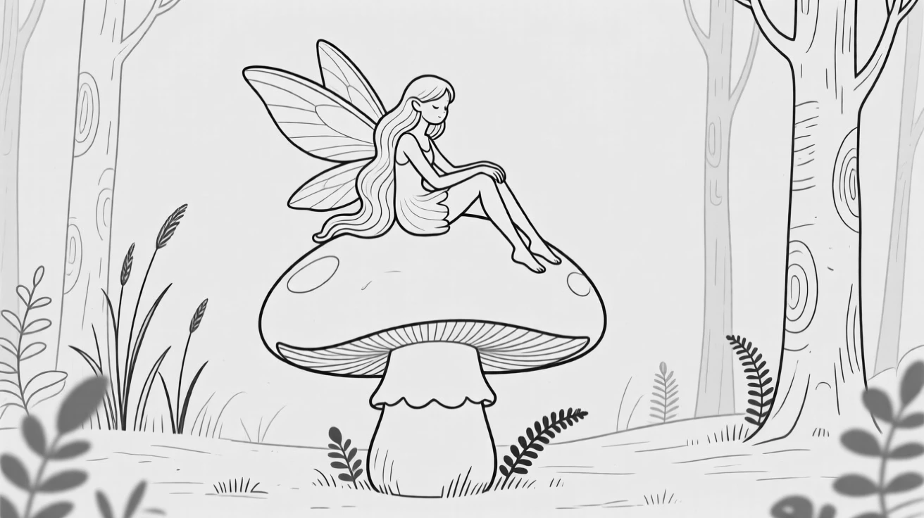 A fairy resting on a giant mushroom in an enchanted forest
